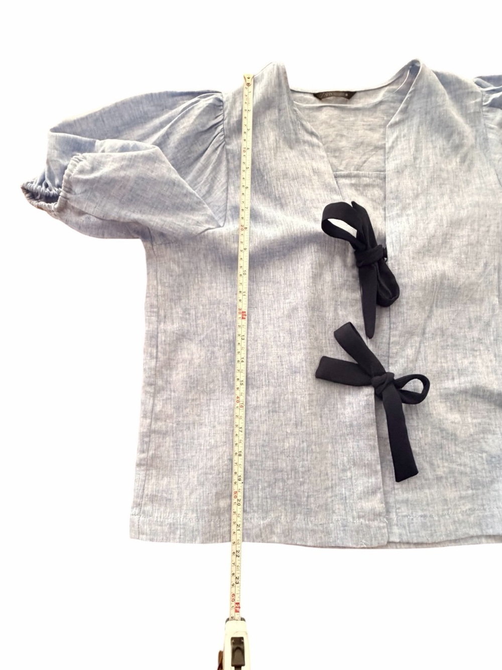 Zara Light Blue Puff Sleeve Blouse with Navy Bow Details Small - Picture 6 of 8